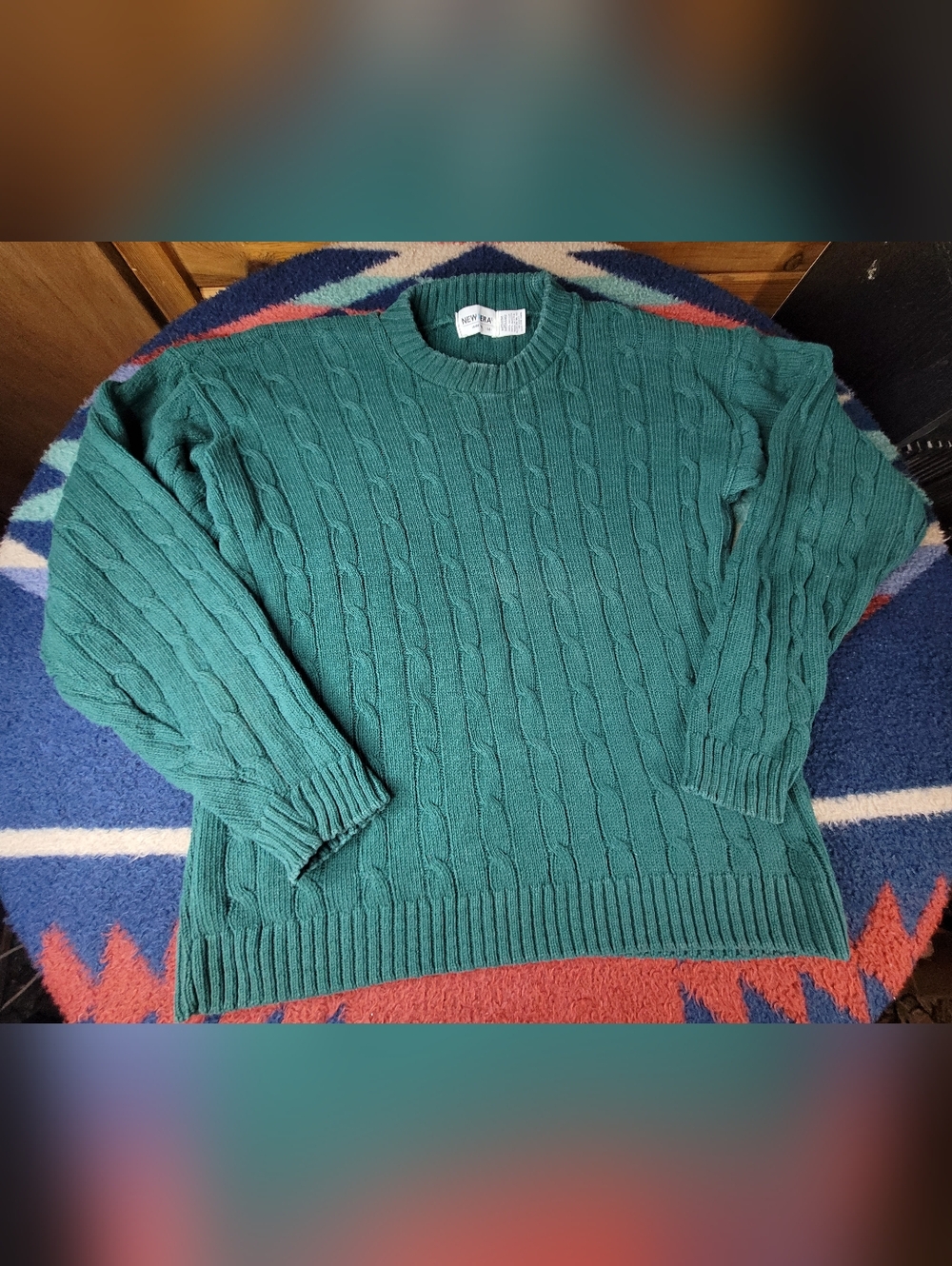 Vintage 90s New Era Cable Knit Sweater Mens Medium Green Cotton USA Dad Grandpa